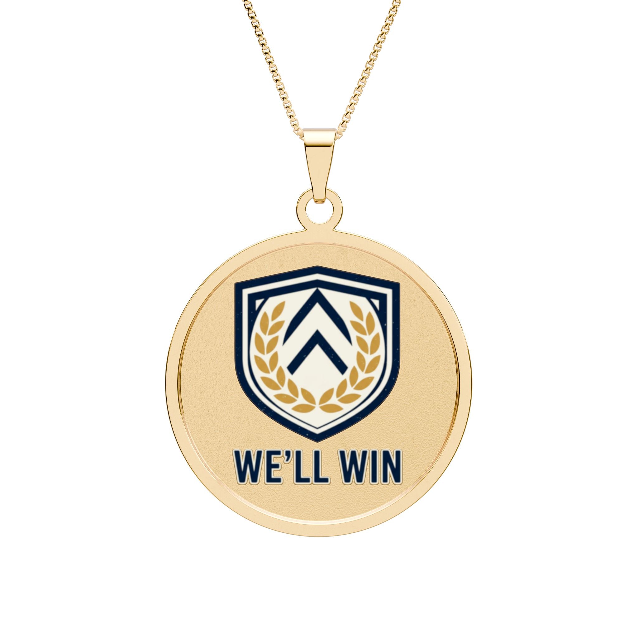 Round Photo Pendant Necklace — 'WE'LL WIN' Shield Emblem