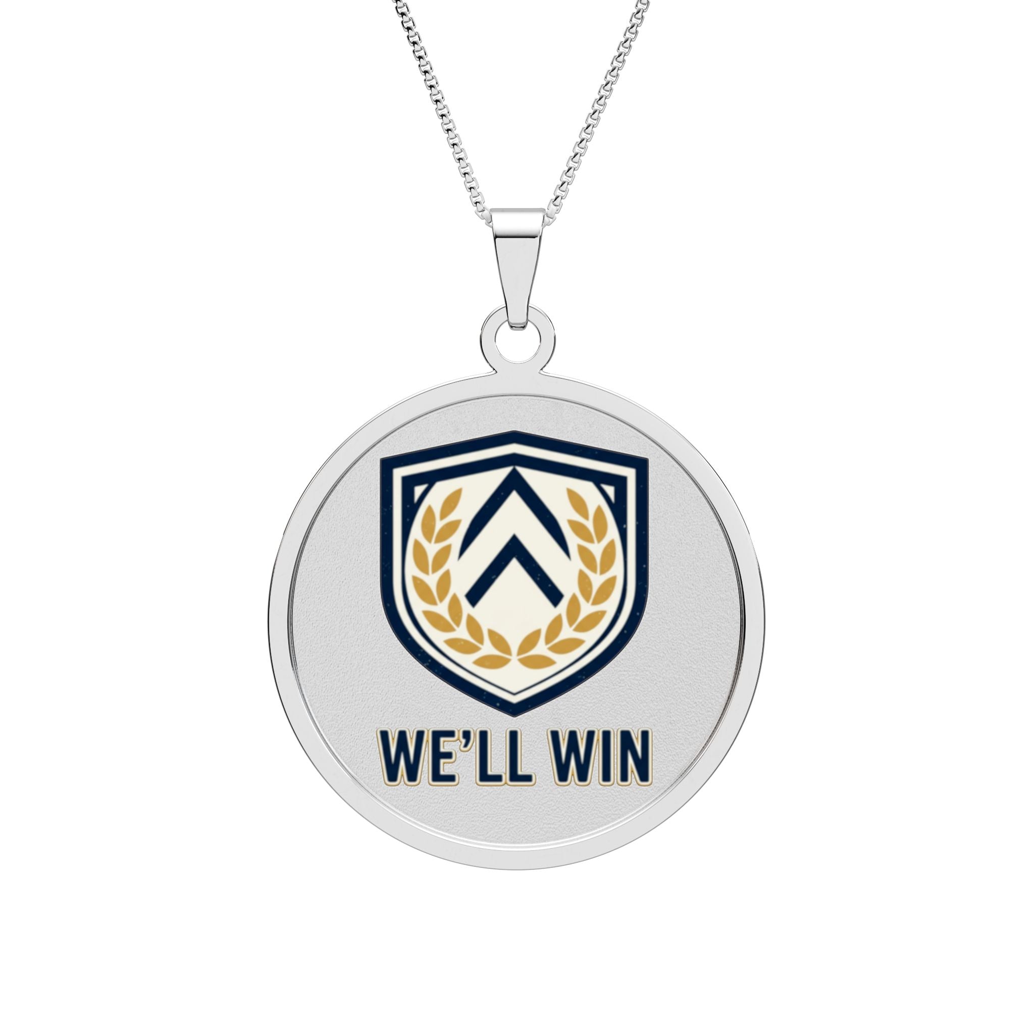Round Photo Pendant Necklace — 'WE'LL WIN' Shield Emblem